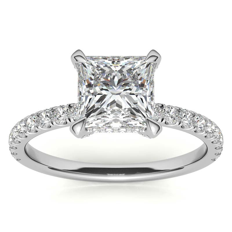 Princess cut Moissanite Diamond Pave Basket Engagement Ring with 2mm Band