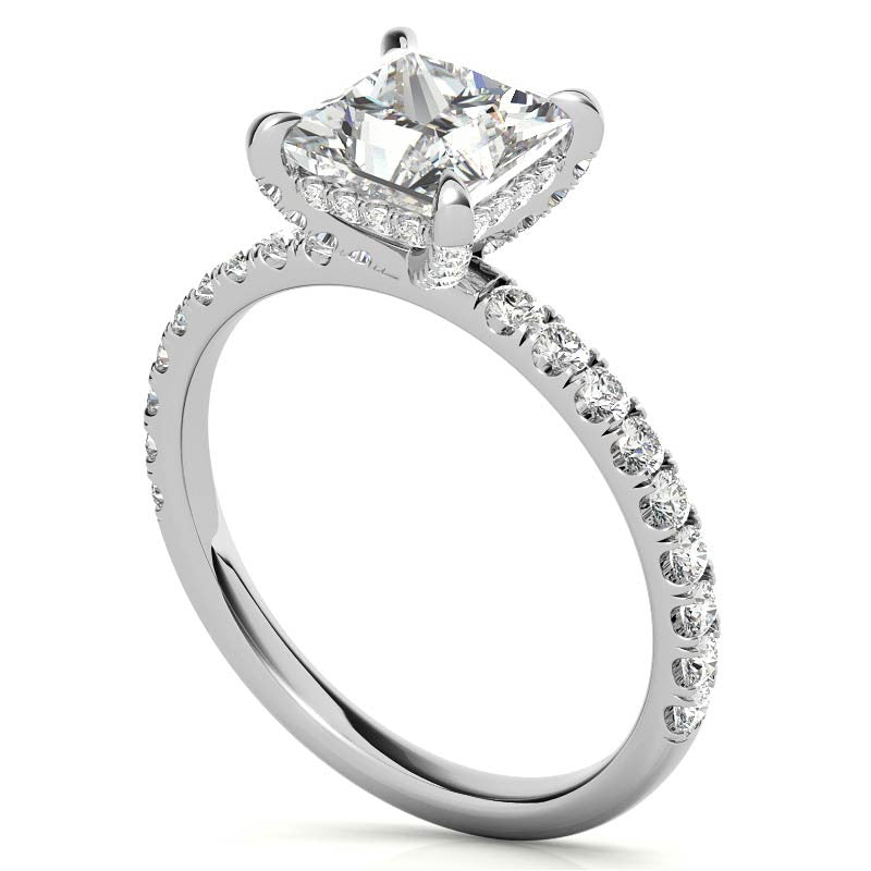 Princess cut Moissanite Diamond Pave Basket Engagement Ring with 2mm Band
