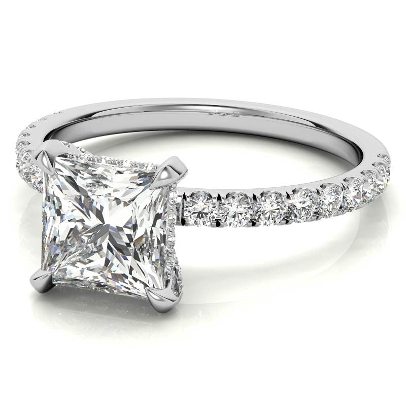Princess cut Moissanite Diamond Pave Basket Engagement Ring with 2mm Band