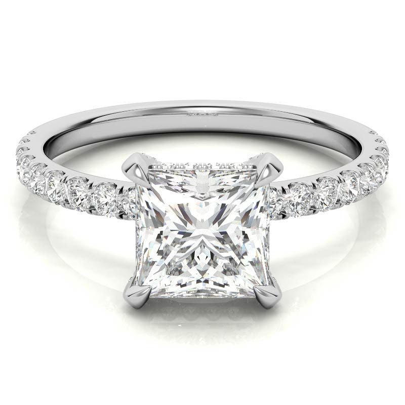 Princess cut Moissanite Diamond Pave Basket Engagement Ring with 2mm Band