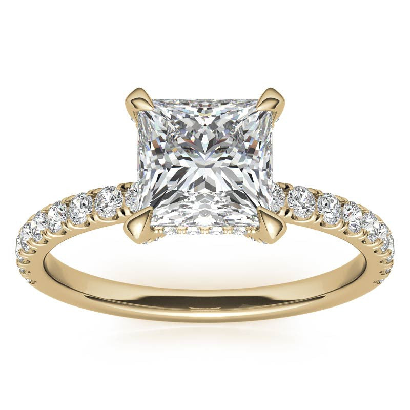 Princess cut Moissanite Diamond Pave Basket Engagement Ring with 2mm Band