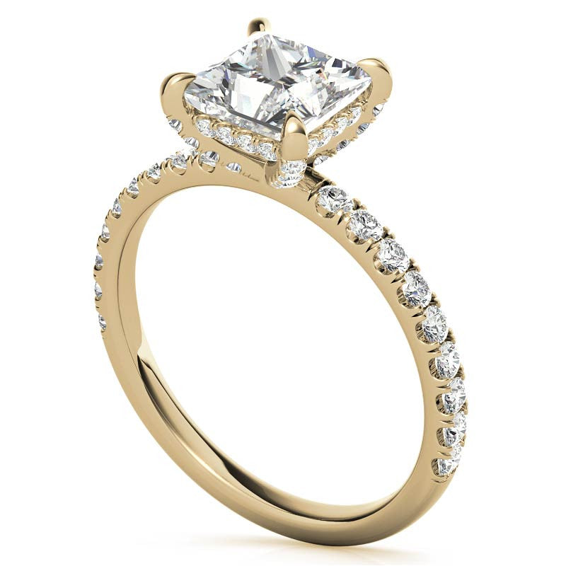 Princess cut Moissanite Diamond Pave Basket Engagement Ring with 2mm Band
