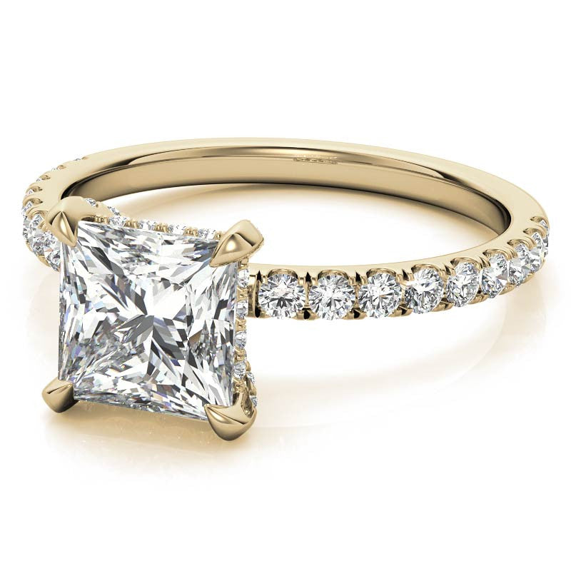 Princess cut Moissanite Diamond Pave Basket Engagement Ring with 2mm Band
