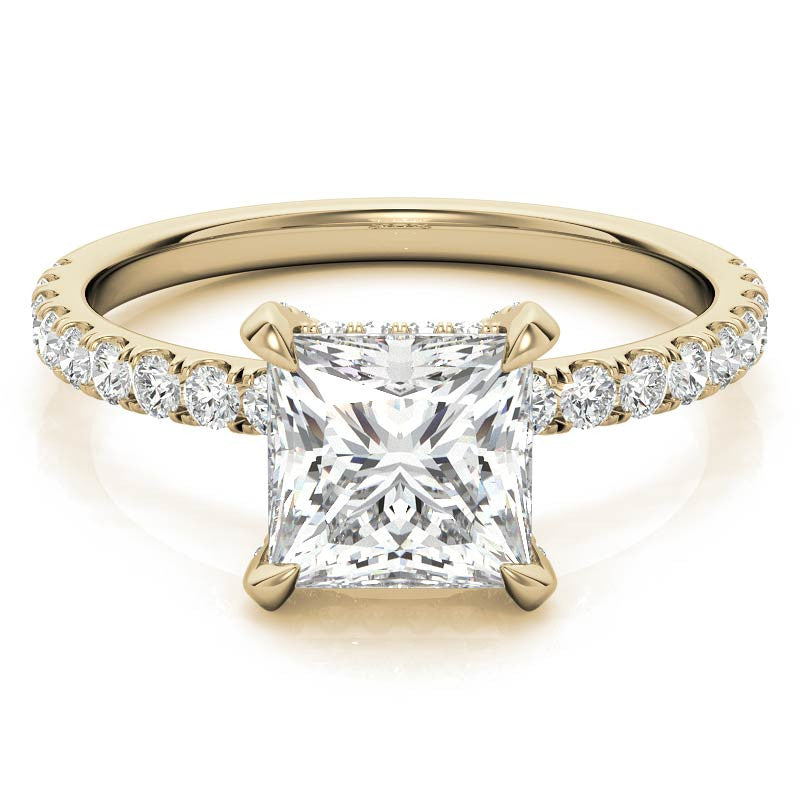Princess cut Moissanite Diamond Pave Basket Engagement Ring with 2mm Band