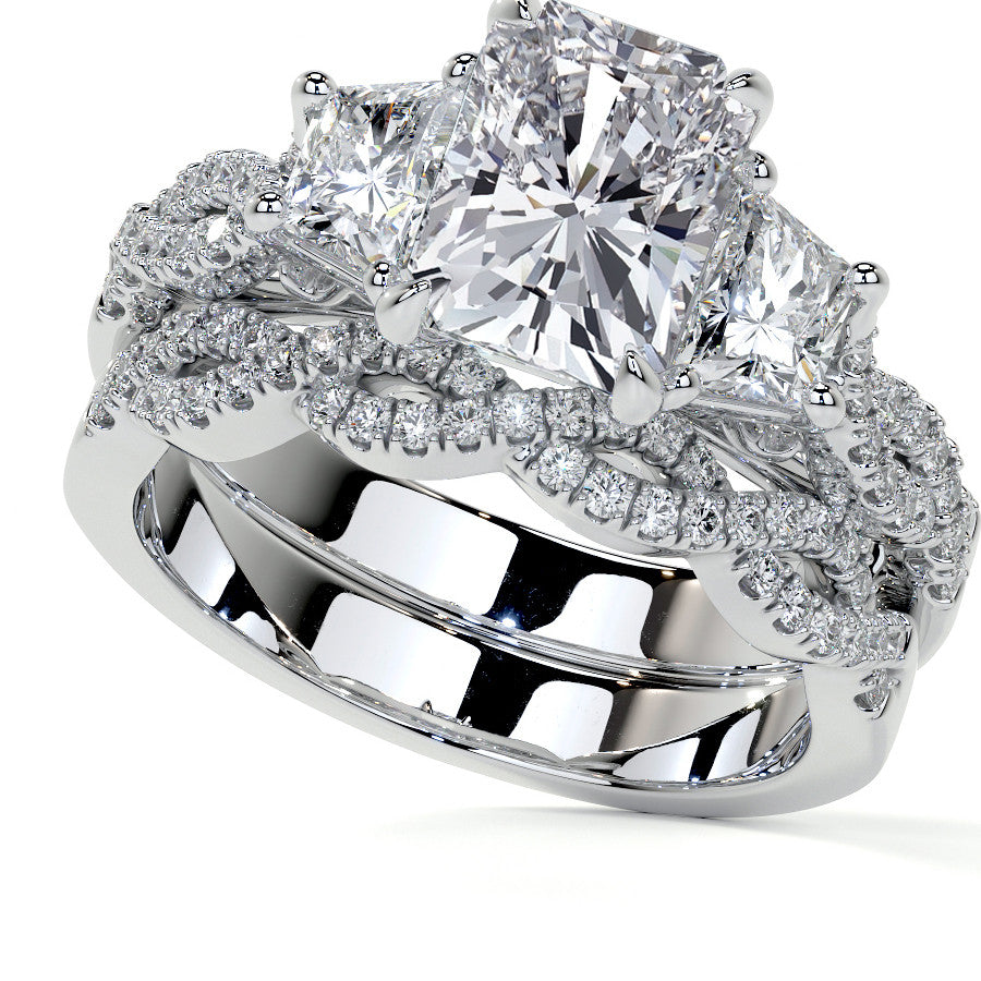 Three-Stone Emerald / Radiant Moissanite Engagement Ring