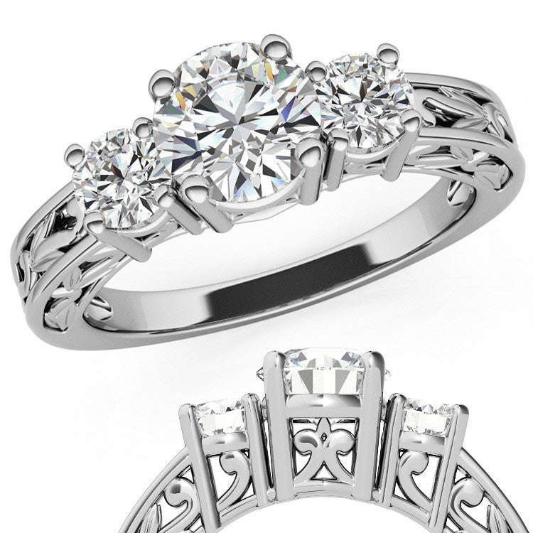 Three-Stone Floral Scroll Design Moissanite Engagement Ring