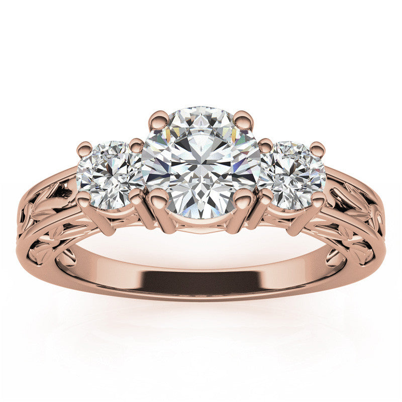 Three-Stone Floral Scroll Design Moissanite Engagement Ring