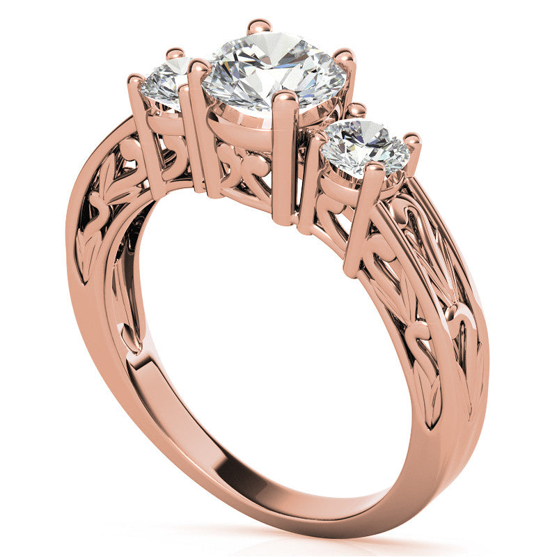 Three-Stone Floral Scroll Design Moissanite Engagement Ring