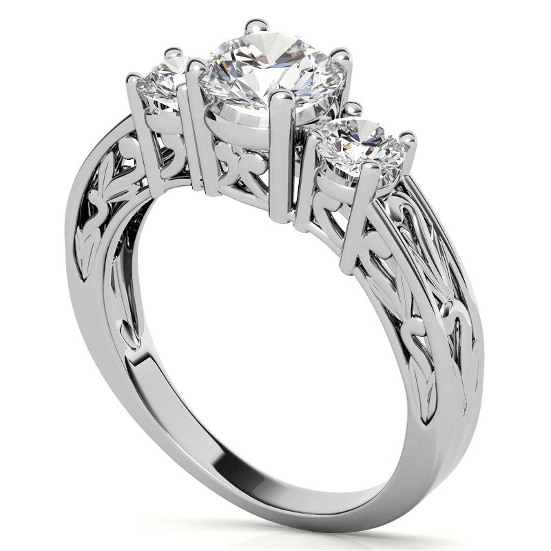 Three-Stone Floral Scroll Design Moissanite Engagement Ring