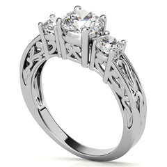 Three-Stone Floral Scroll Design Moissanite Engagement Ring
