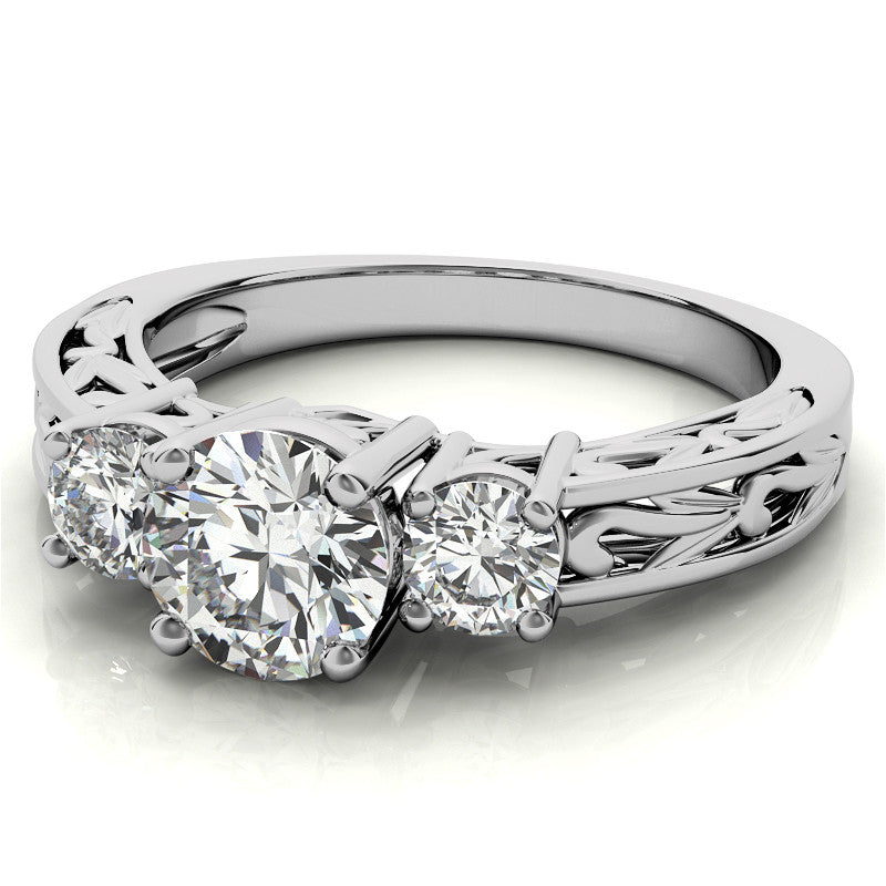 Three-Stone Floral Scroll Design Moissanite Engagement Ring