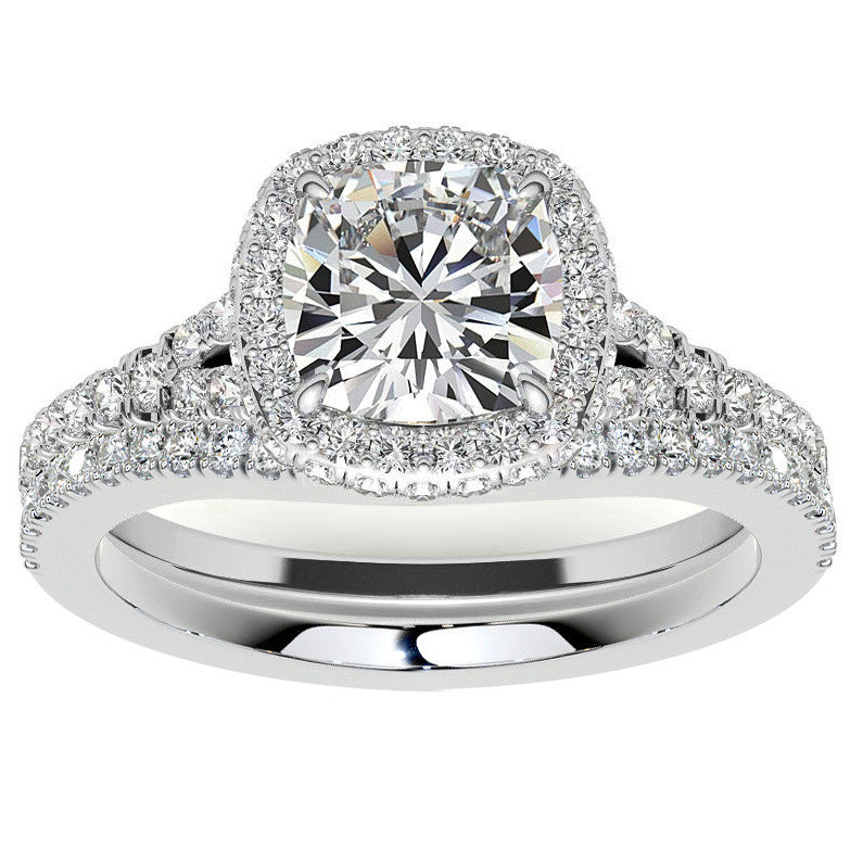 Cushion Encircled Halo Moissanite Split Shank Engagement Ring