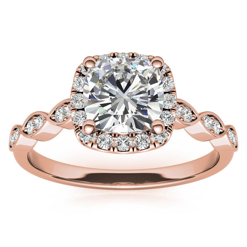 Scalloped Cathedral Halo Cushion Moissanite Engagement Ring