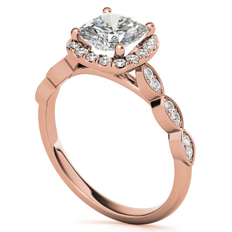 Scalloped Cathedral Halo Cushion Moissanite Engagement Ring