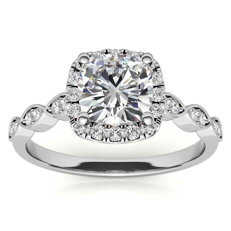 Scalloped Cathedral Halo Cushion Moissanite Engagement Ring