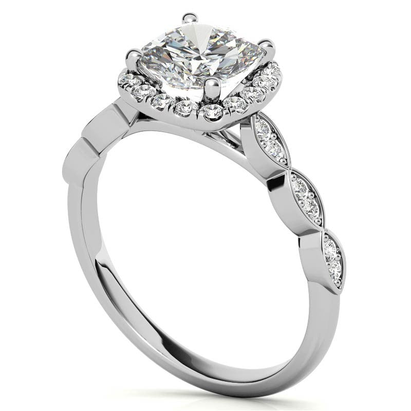 Scalloped Cathedral Halo Cushion Moissanite Engagement Ring