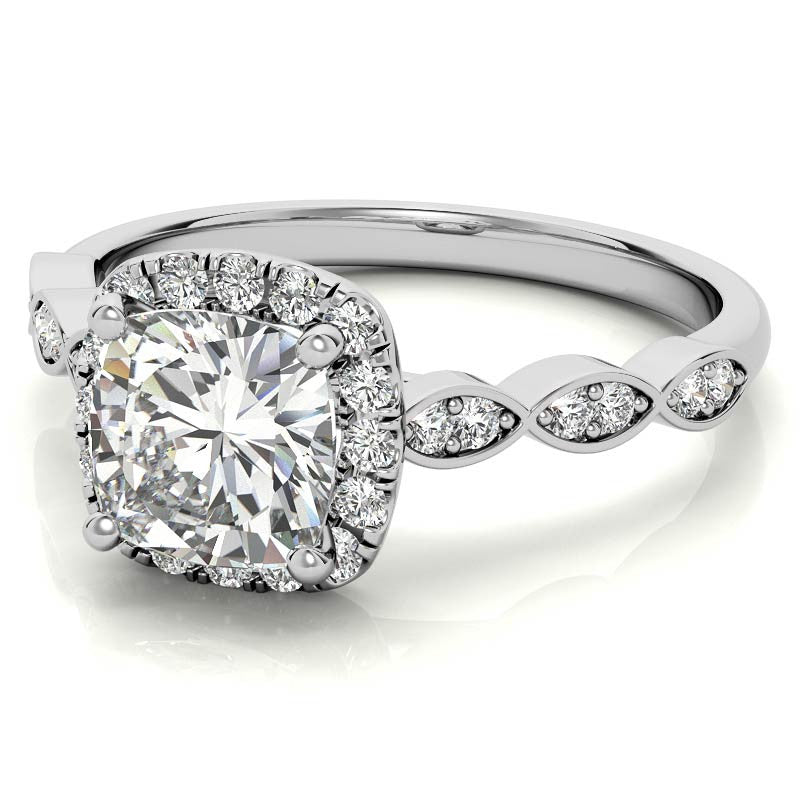 Scalloped Cathedral Halo Cushion Moissanite Engagement Ring