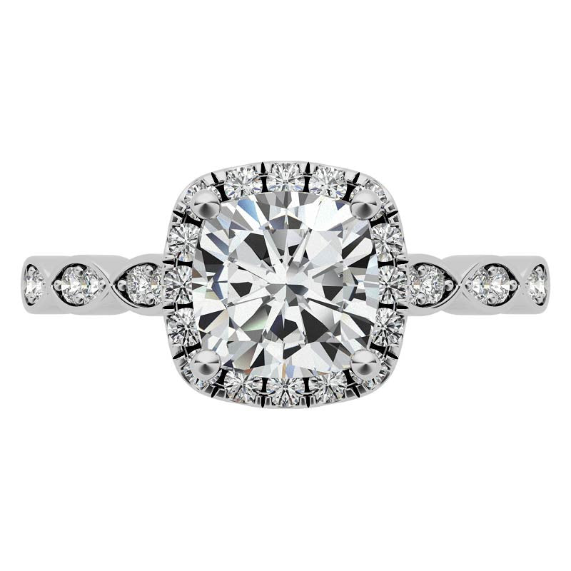 Scalloped Cathedral Halo Cushion Moissanite Engagement Ring