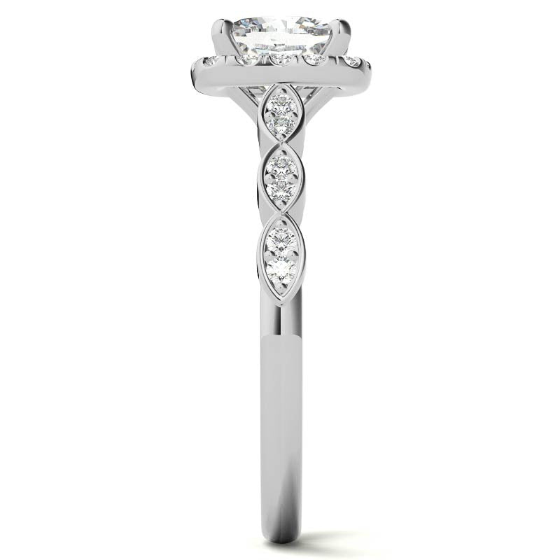 Scalloped Cathedral Halo Cushion Moissanite Engagement Ring
