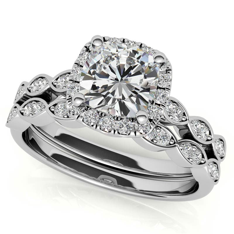 Scalloped Cathedral Halo Cushion Moissanite Engagement Ring
