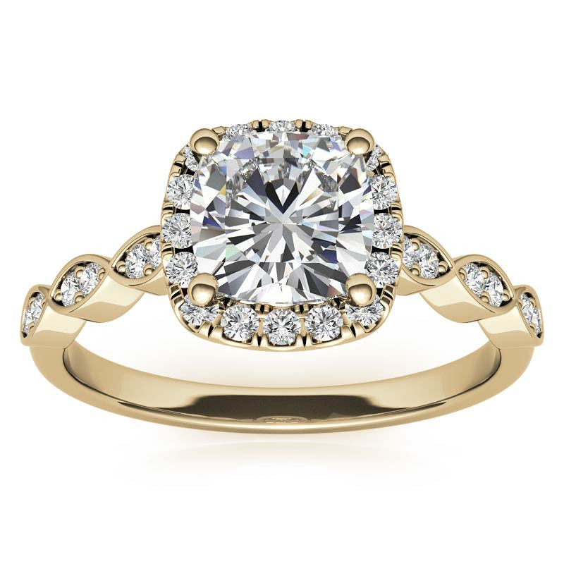 Scalloped Cathedral Halo Cushion Moissanite Engagement Ring