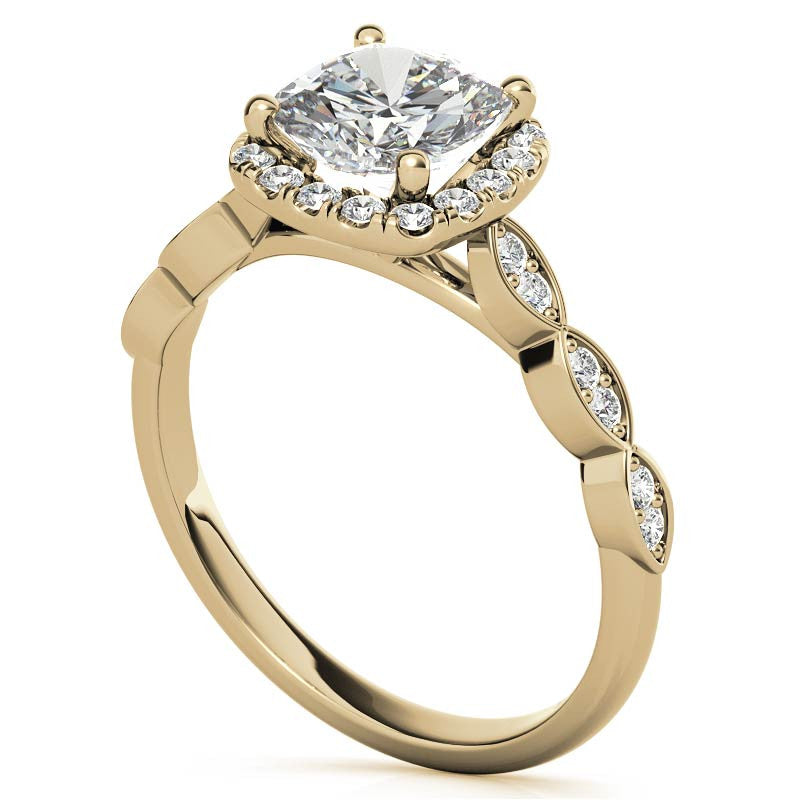 Scalloped Cathedral Halo Cushion Moissanite Engagement Ring