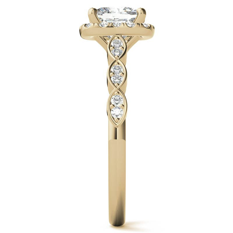 Scalloped Cathedral Halo Cushion Moissanite Engagement Ring