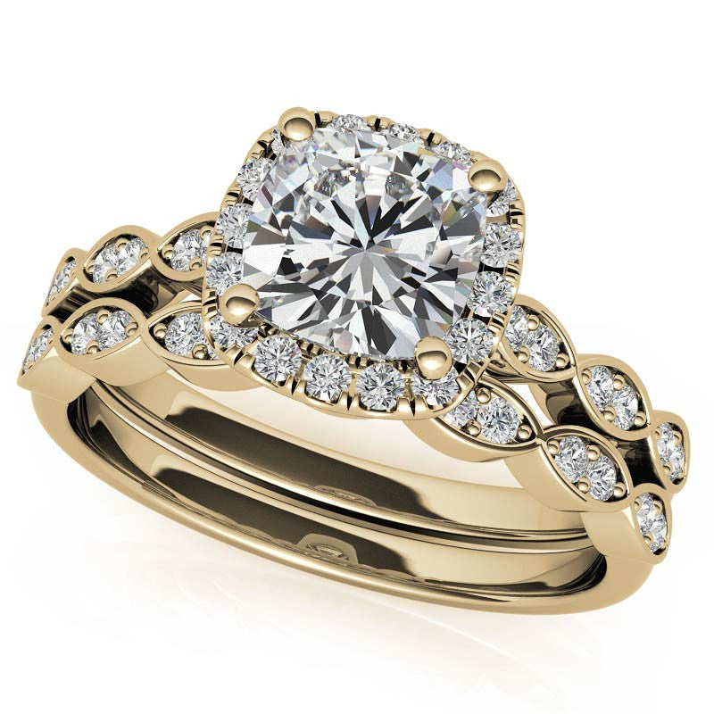 Scalloped Cathedral Halo Cushion Moissanite Engagement Ring