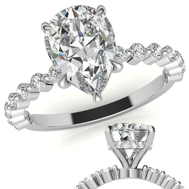 Single Prong Diamond Band Pear Moissanite Engagement Ring