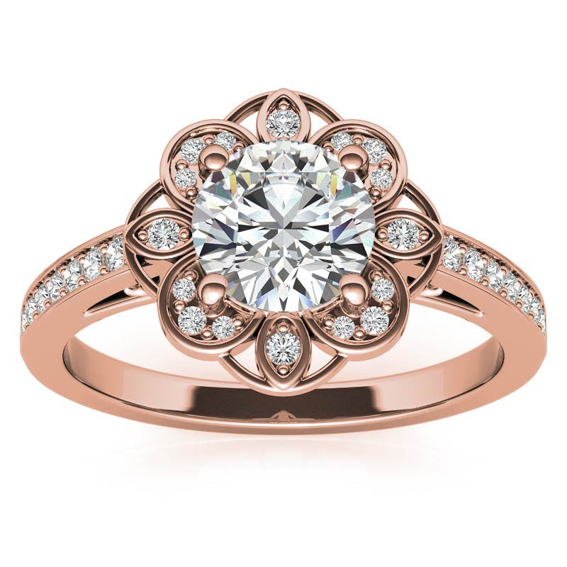 Scroll Cathedral Halo Round Brilliant Moissanite Engagement Ring