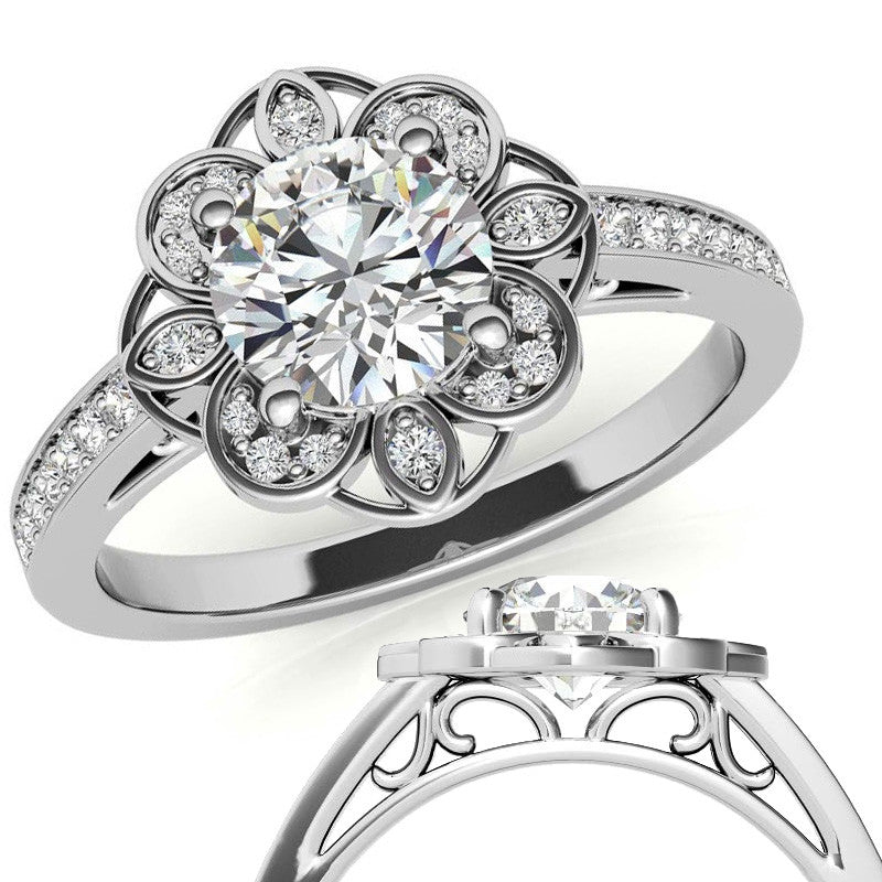 Scroll Cathedral Halo Round Brilliant Moissanite Engagement Ring