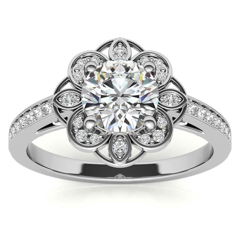Scroll Cathedral Halo Round Brilliant Moissanite Engagement Ring