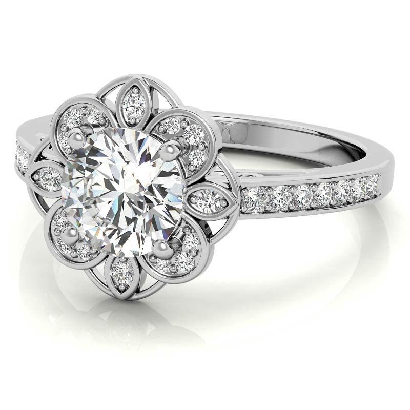 Scroll Cathedral Halo Round Brilliant Moissanite Engagement Ring