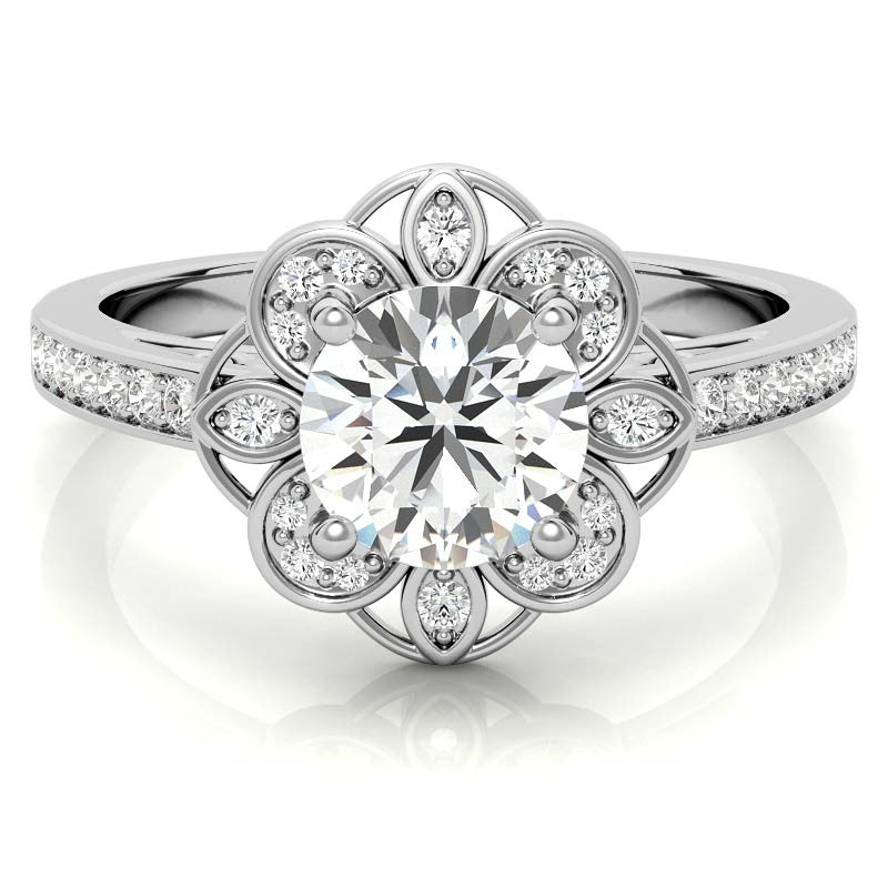 Scroll Cathedral Halo Round Brilliant Moissanite Engagement Ring