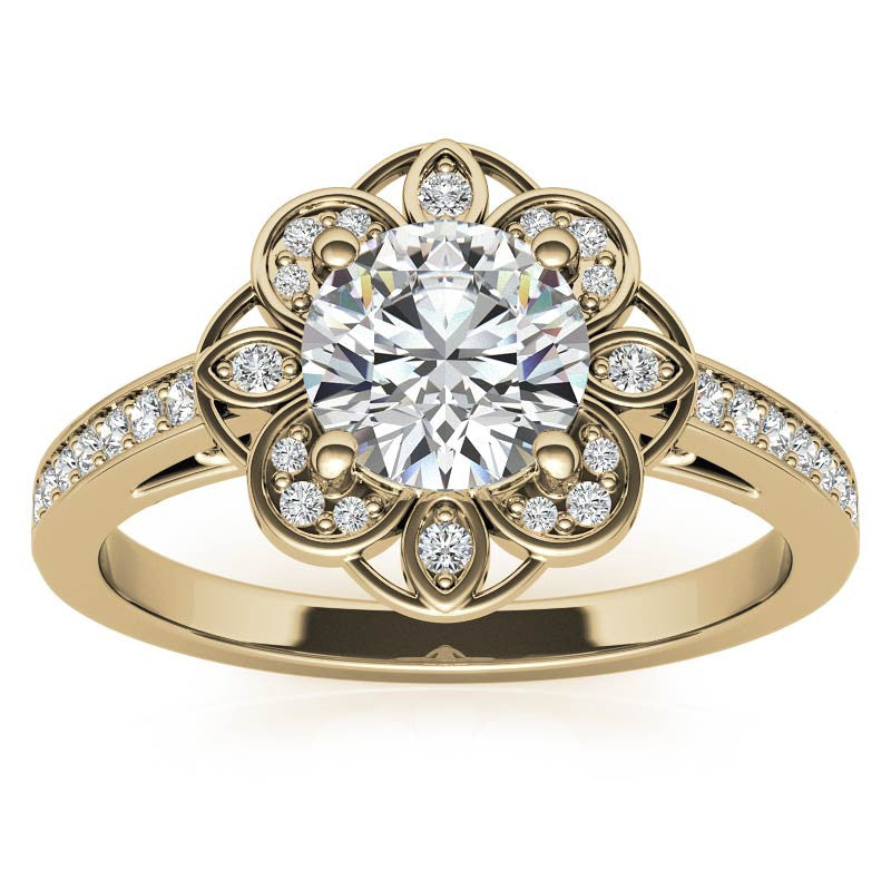 Scroll Cathedral Halo Round Brilliant Moissanite Engagement Ring