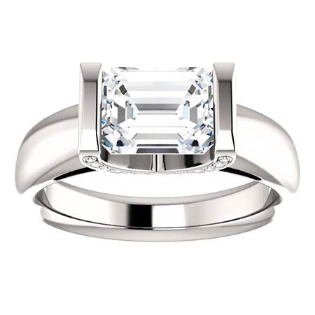 Emerald cut Moissanite & Diamond East-West Engagement Ring