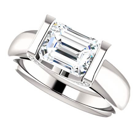 Emerald cut Moissanite & Diamond East-West Engagement Ring