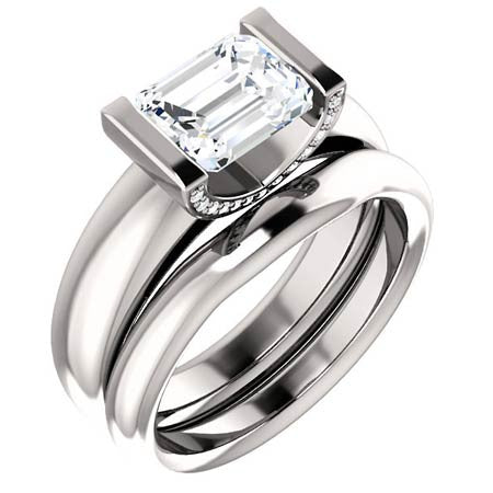 Emerald cut Moissanite & Diamond East-West Engagement Ring