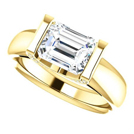 Emerald cut Moissanite & Diamond East-West Engagement Ring