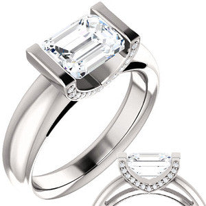 Emerald cut Moissanite & Diamond East-West Engagement Ring