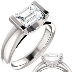 Emerald cut Moissanite & Diamond East-West Engagement Ring