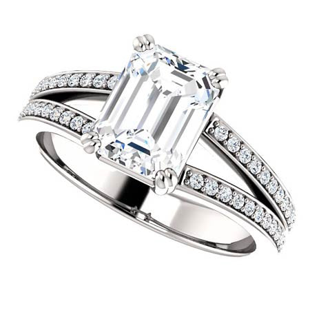 Emerald cut Moissanite & Diamond Split Shank Engagement Ring