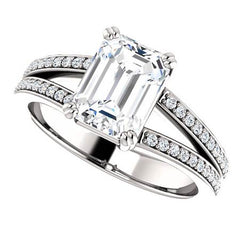 Emerald cut Moissanite & Diamond Split Shank Engagement Ring