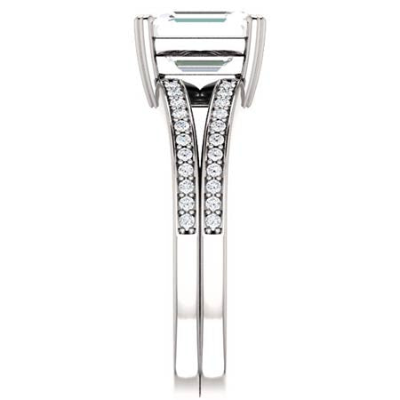Emerald cut Moissanite & Diamond Split Shank Engagement Ring