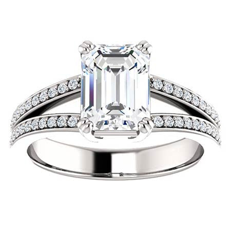 Emerald cut Moissanite & Diamond Split Shank Engagement Ring