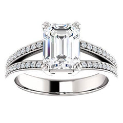 Emerald cut Moissanite & Diamond Split Shank Engagement Ring