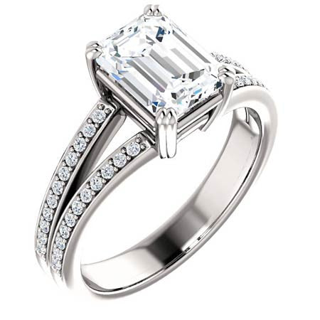 Emerald cut Moissanite & Diamond Split Shank Engagement Ring
