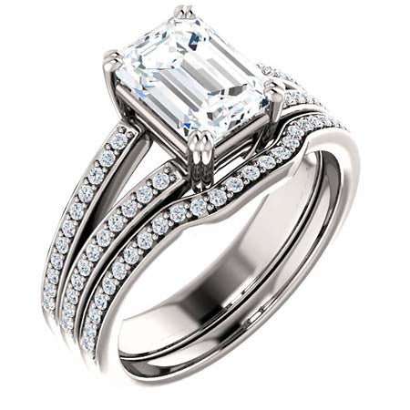 Emerald cut Moissanite & Diamond Split Shank Engagement Ring