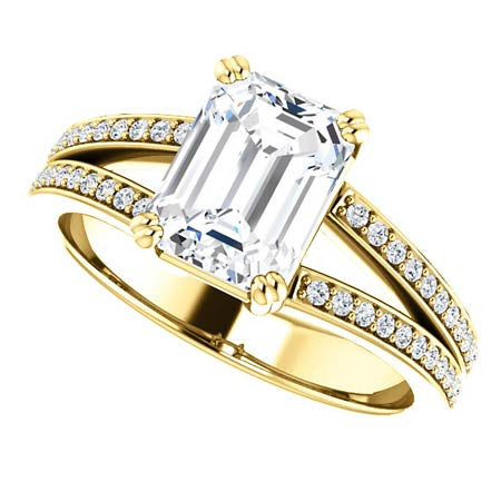 Emerald cut Moissanite & Diamond Split Shank Engagement Ring