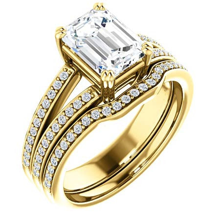 Emerald cut Moissanite & Diamond Split Shank Engagement Ring